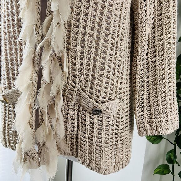 Chicos Tan Beige Chunky Waffle Knit & Soft Tattered Fringed Cardigan Sweater Med - Picture 4 of 8